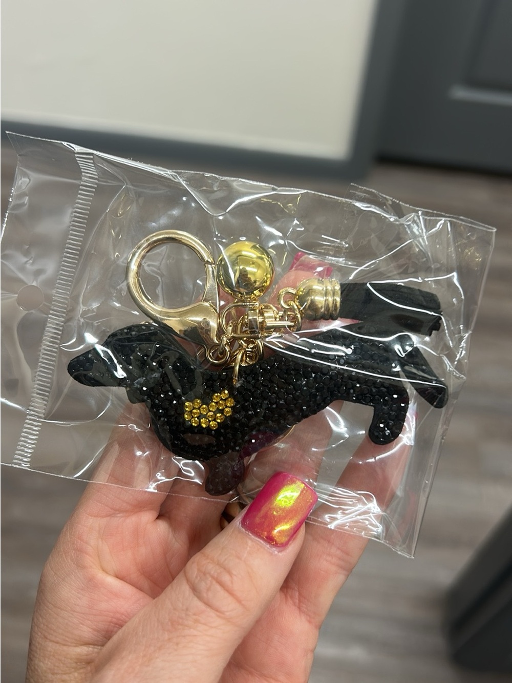 Black Dachshund Crystal Keychain Bag Charm - Gold Hardware